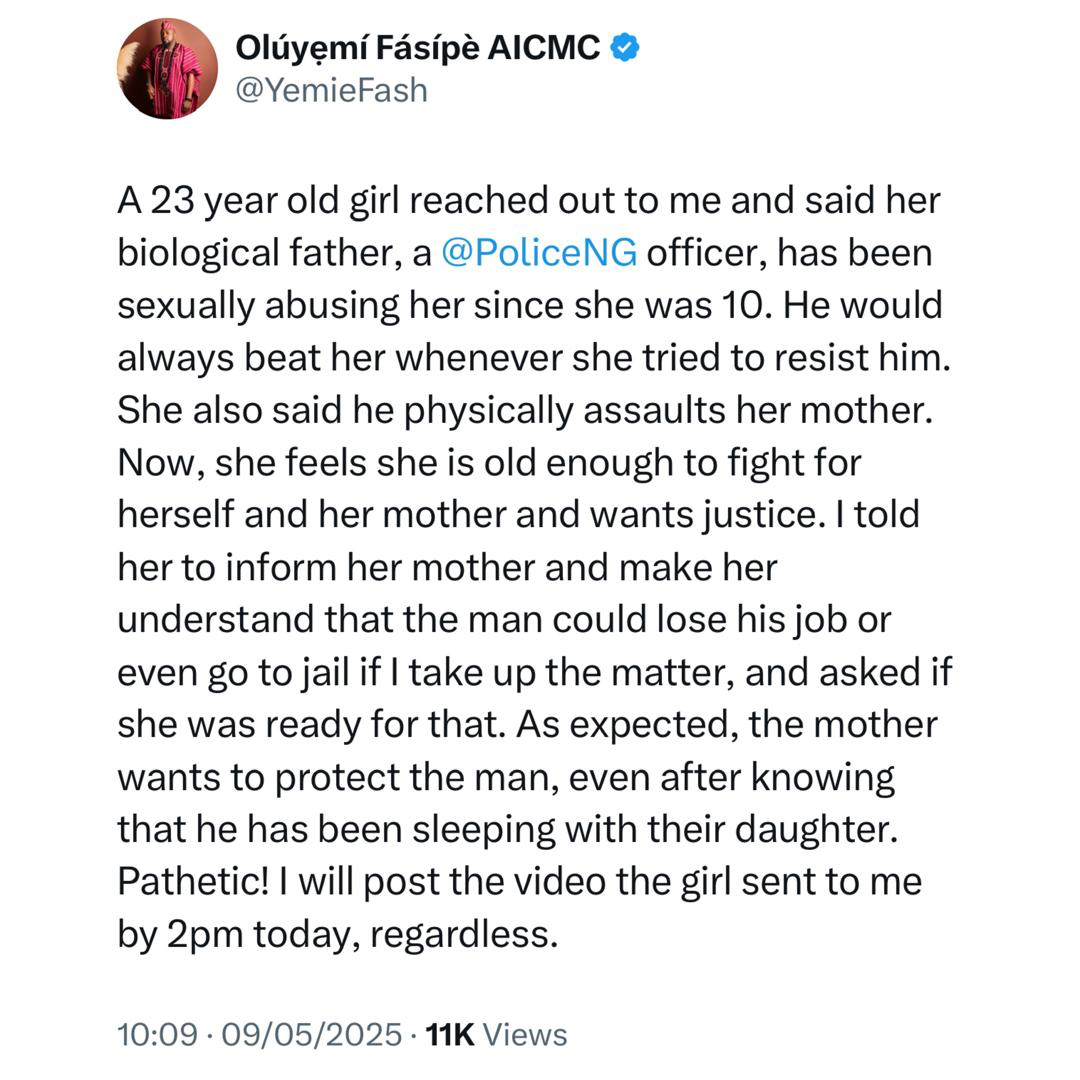 Ondo state police officer accused of sexu@lly assaulting his 23-year-old daughter since she was 10